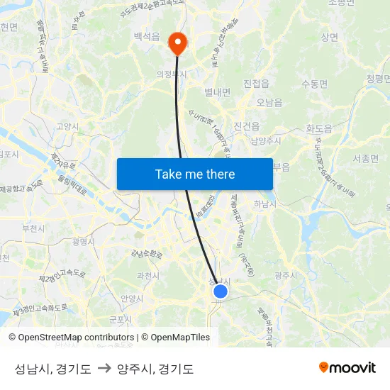성남시, 경기도 to 양주시, 경기도 map