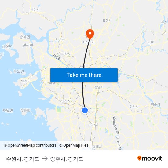 수원시, 경기도 to 양주시, 경기도 map