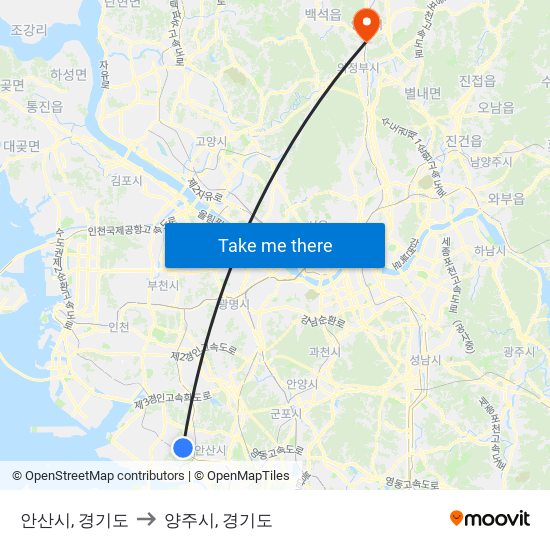 안산시, 경기도 to 양주시, 경기도 map