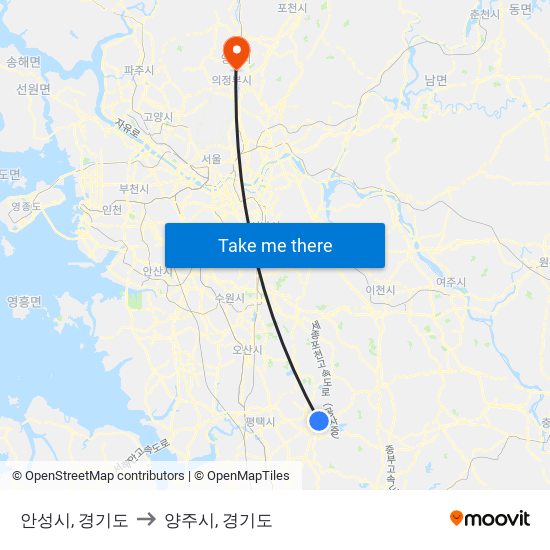 안성시, 경기도 to 양주시, 경기도 map