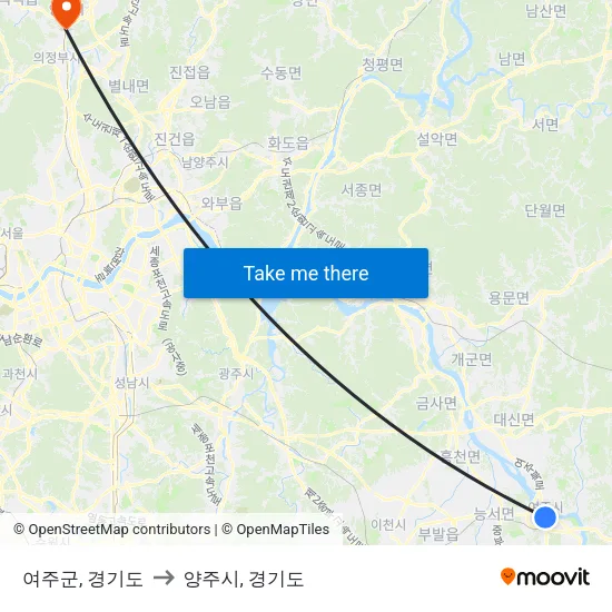 여주군, 경기도 to 양주시, 경기도 map