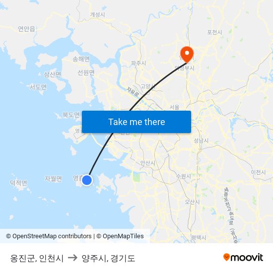 옹진군, 인천시 to 양주시, 경기도 map