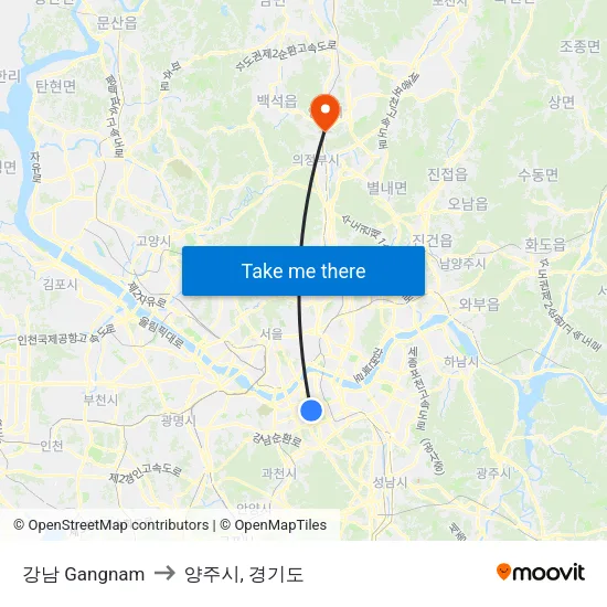 강남 Gangnam to 양주시, 경기도 map