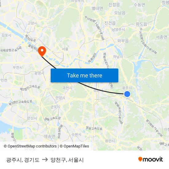 광주시, 경기도 to 양천구, 서울시 map
