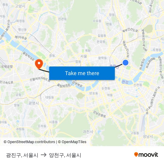 광진구, 서울시 to 양천구, 서울시 map