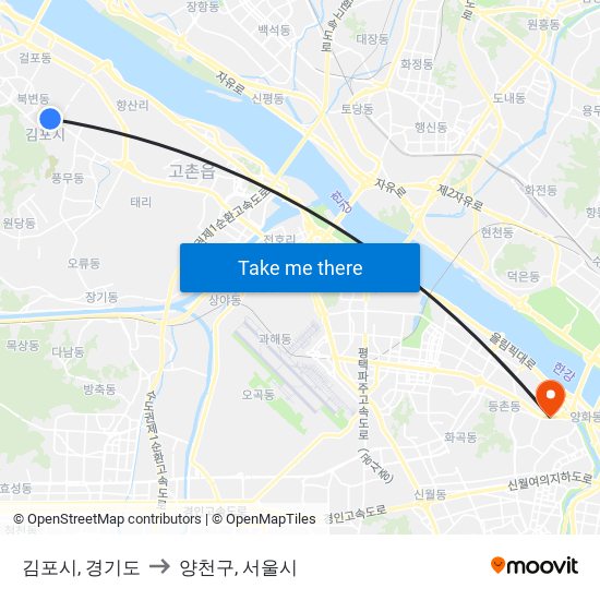 김포시, 경기도 to 양천구, 서울시 map