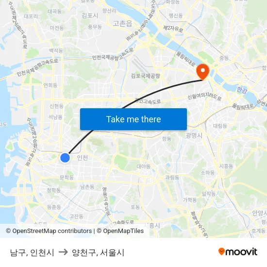 남구, 인천시 to 양천구, 서울시 map