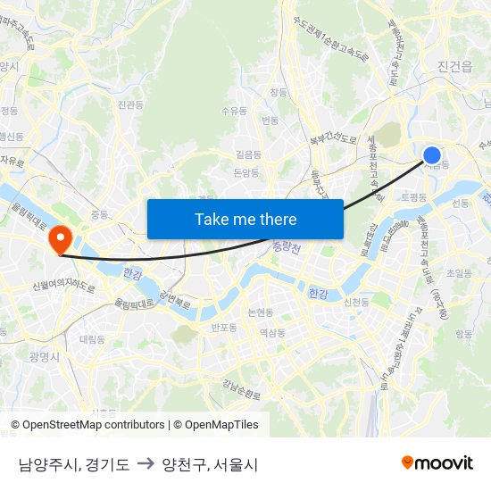 남양주시, 경기도 to 양천구, 서울시 map