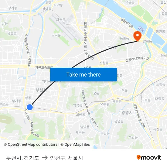 부천시, 경기도 to 양천구, 서울시 map