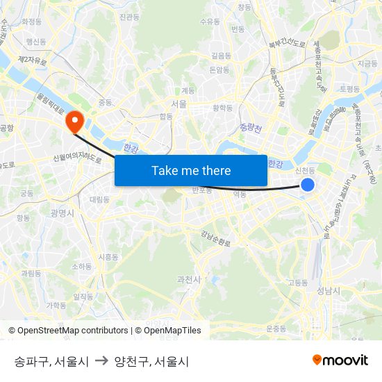 송파구, 서울시 to 양천구, 서울시 map