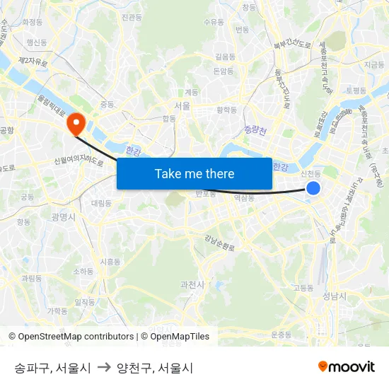 송파구, 서울시 to 양천구, 서울시 map