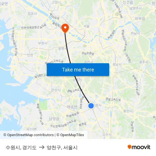 수원시, 경기도 to 양천구, 서울시 map
