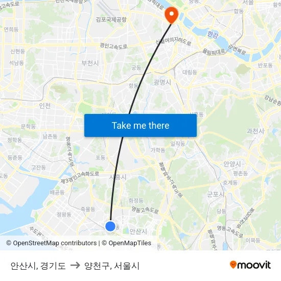 안산시, 경기도 to 양천구, 서울시 map