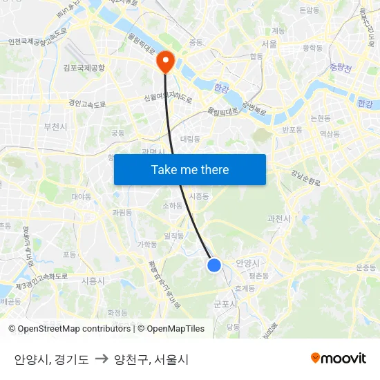 안양시, 경기도 to 양천구, 서울시 map