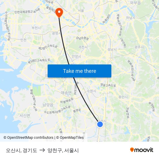 오산시, 경기도 to 양천구, 서울시 map