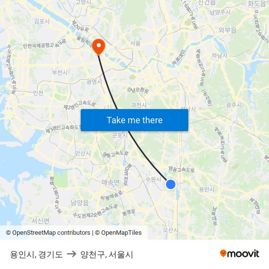 용인시, 경기도 to 양천구, 서울시 map