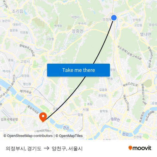 의정부시, 경기도 to 양천구, 서울시 map