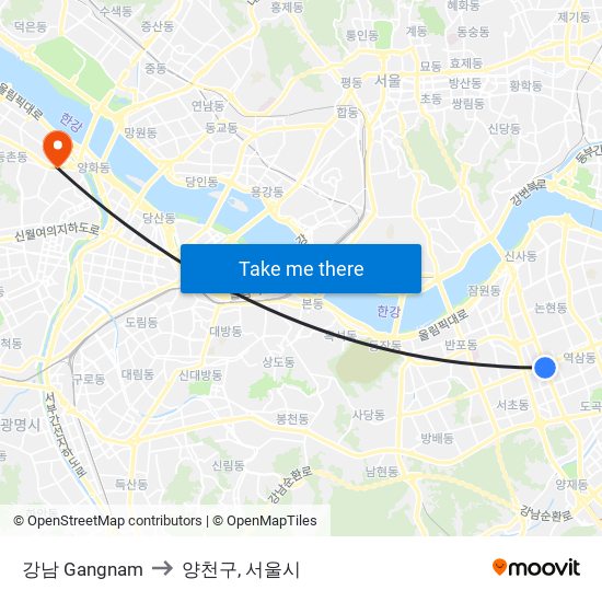 강남 Gangnam to 양천구, 서울시 map