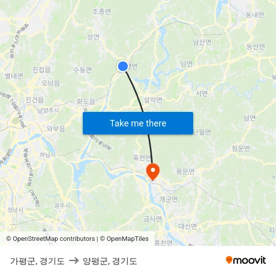 가평군, 경기도 to 양평군, 경기도 map