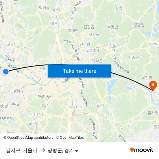 강서구, 서울시 to 양평군, 경기도 map