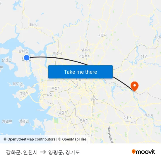 강화군, 인천시 to 양평군, 경기도 map