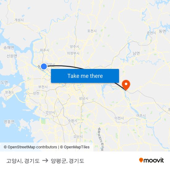 고양시, 경기도 to 양평군, 경기도 map