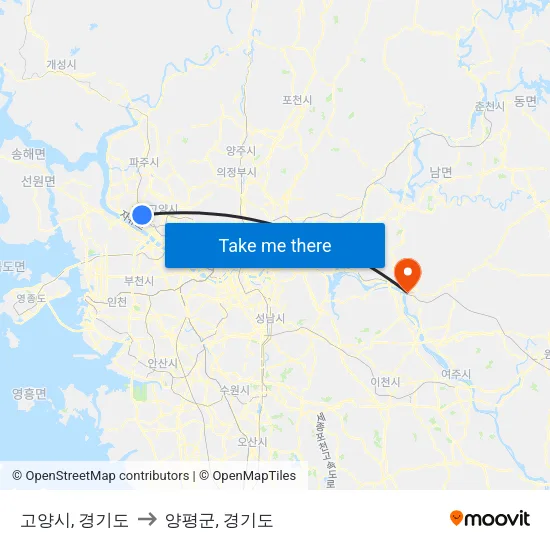 고양시, 경기도 to 양평군, 경기도 map