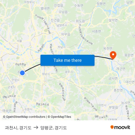 과천시, 경기도 to 양평군, 경기도 map