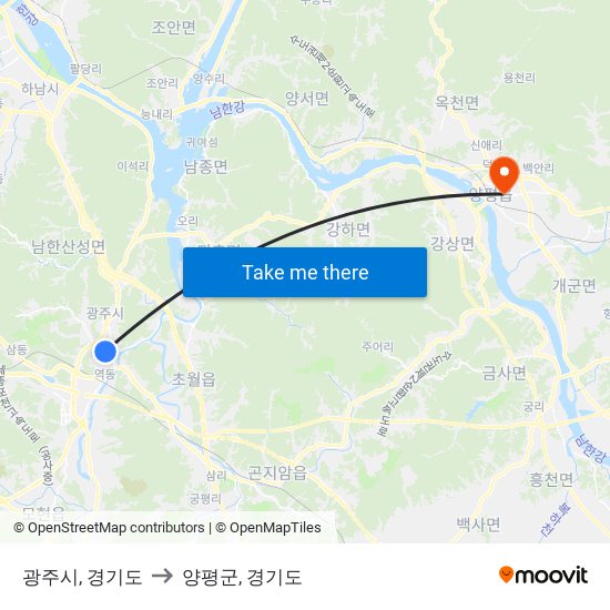 광주시, 경기도 to 양평군, 경기도 map