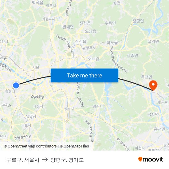 구로구, 서울시 to 양평군, 경기도 map