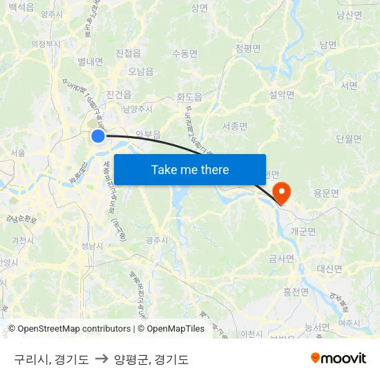 구리시, 경기도 to 양평군, 경기도 map