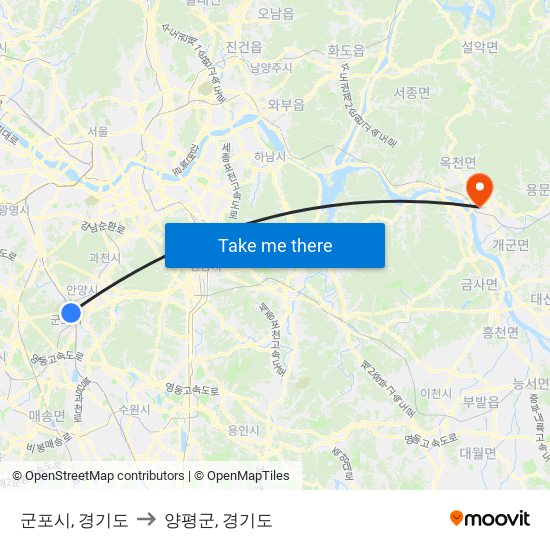 군포시, 경기도 to 양평군, 경기도 map