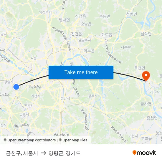 금천구, 서울시 to 양평군, 경기도 map