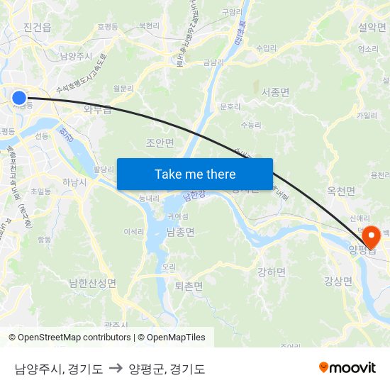 남양주시, 경기도 to 양평군, 경기도 map