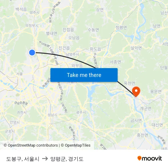 도봉구, 서울시 to 양평군, 경기도 map