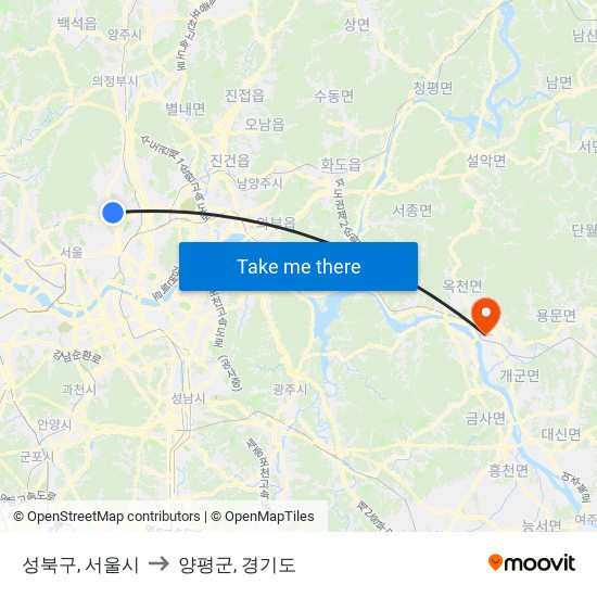 성북구, 서울시 to 양평군, 경기도 map