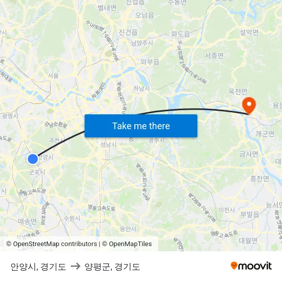 안양시, 경기도 to 양평군, 경기도 map
