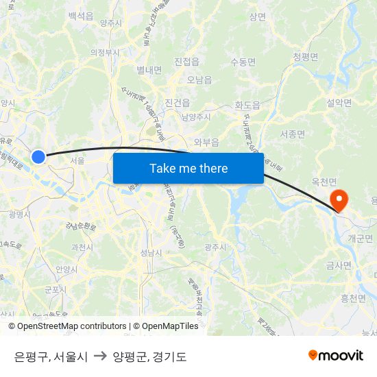 은평구, 서울시 to 양평군, 경기도 map