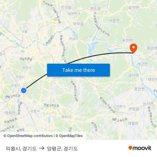 의왕시, 경기도 to 양평군, 경기도 map