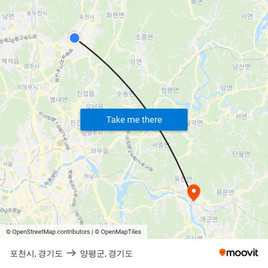 포천시, 경기도 to 양평군, 경기도 map