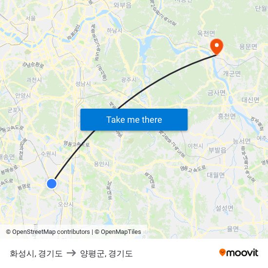 화성시, 경기도 to 양평군, 경기도 map