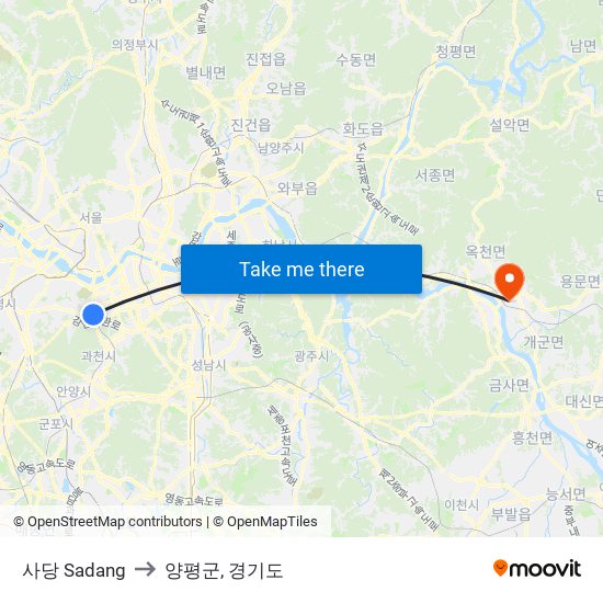 사당 Sadang to 양평군, 경기도 map