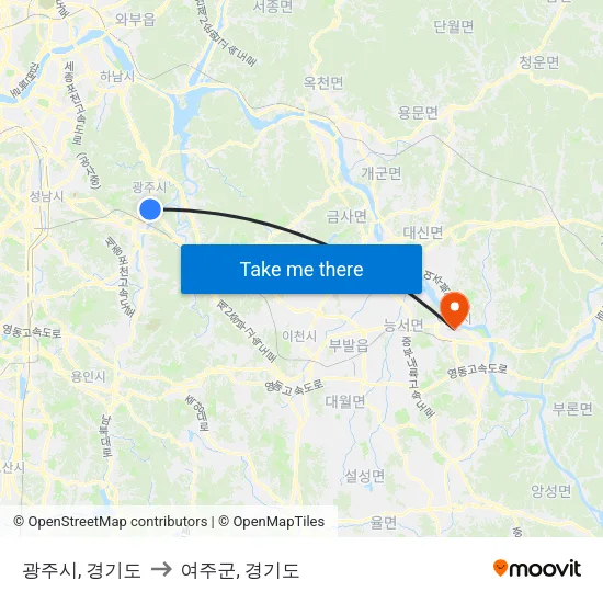 광주시, 경기도 to 여주군, 경기도 map