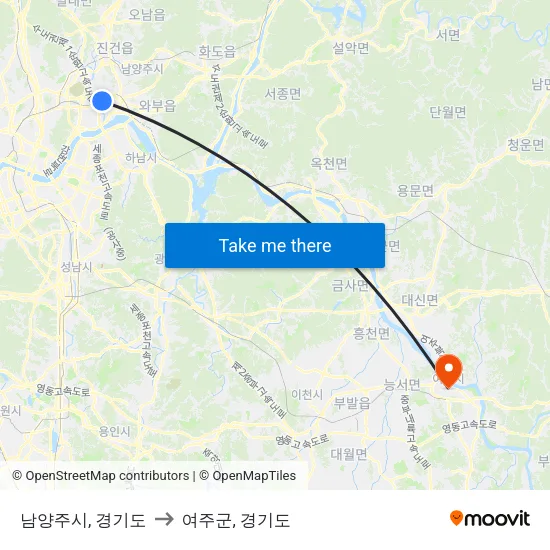 남양주시, 경기도 to 여주군, 경기도 map