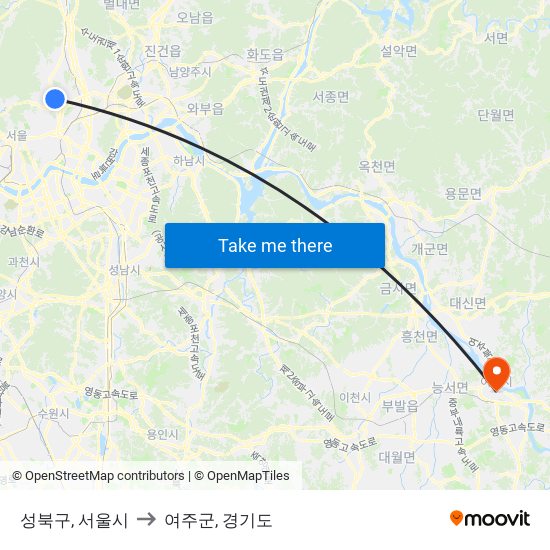 성북구, 서울시 to 여주군, 경기도 map