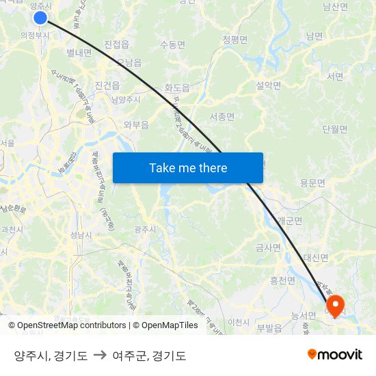 양주시, 경기도 to 여주군, 경기도 map