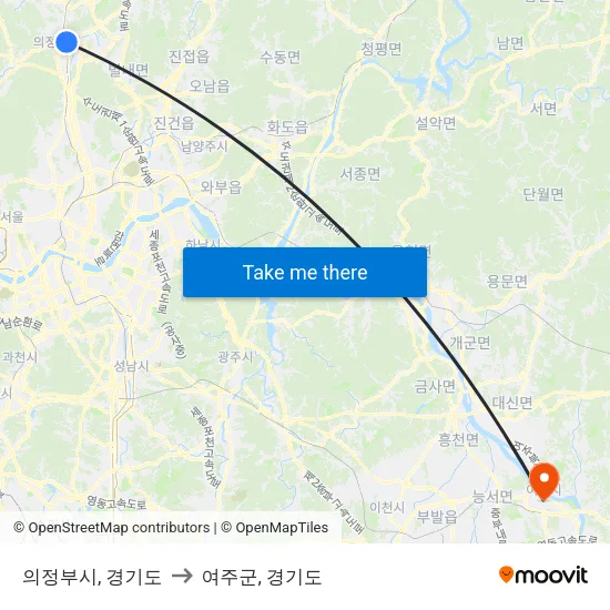 의정부시, 경기도 to 여주군, 경기도 map