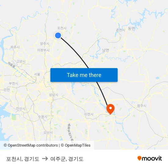 포천시, 경기도 to 여주군, 경기도 map