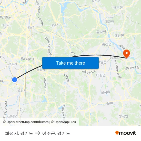 화성시, 경기도 to 여주군, 경기도 map