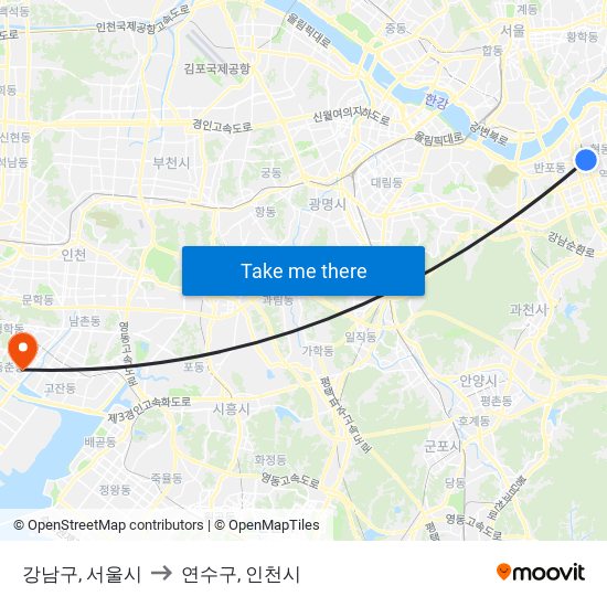 강남구, 서울시 to 연수구, 인천시 map